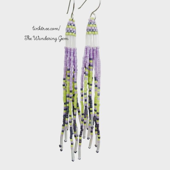 Jellyfish Beaded Fringe Shoulder Duster Dangle Earrings, Purple & Green 4.5" - Picture 3 of 9
